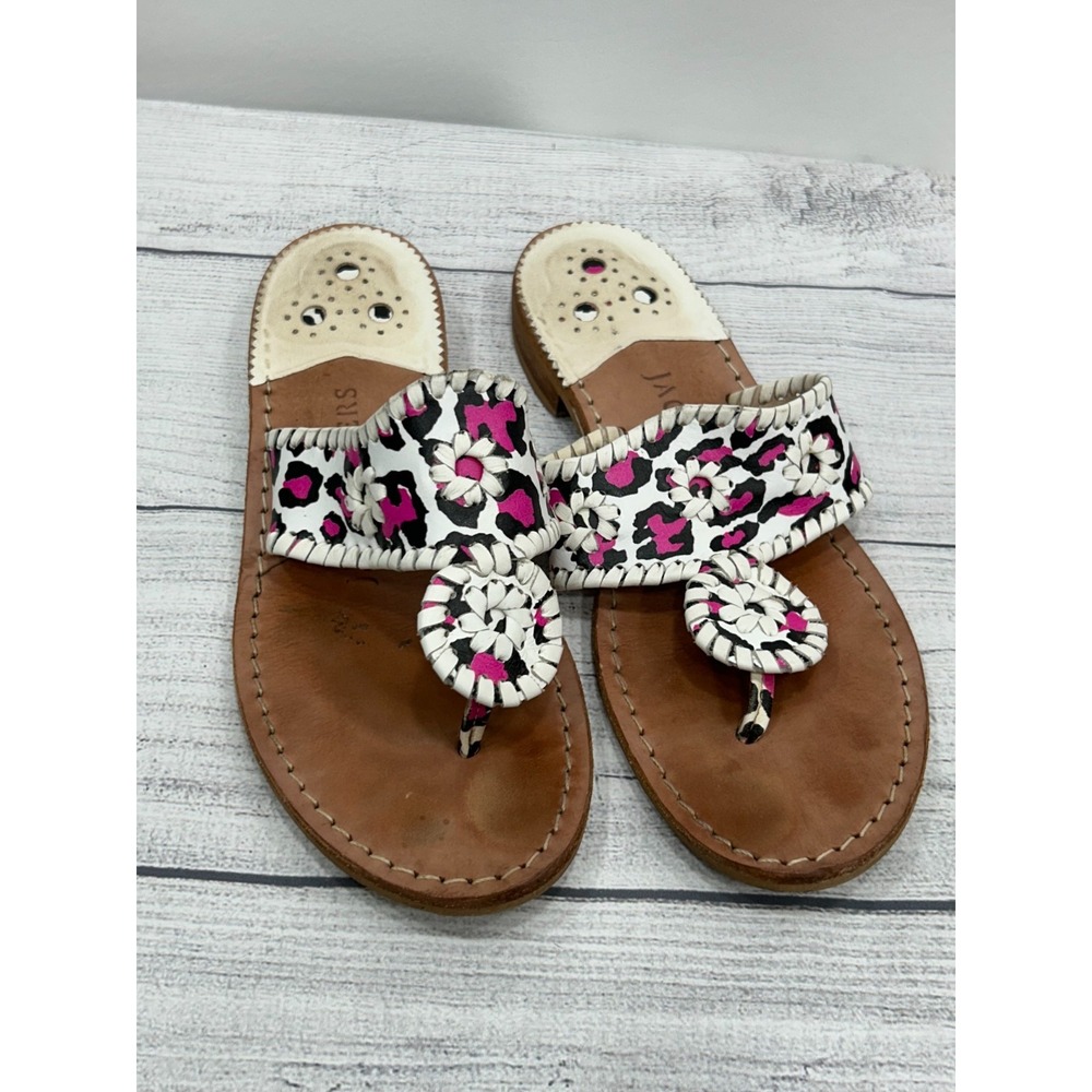 Jack Rogers Navajo Sandals Womens 7 Pink Leopard Leather Thong Whipstitch